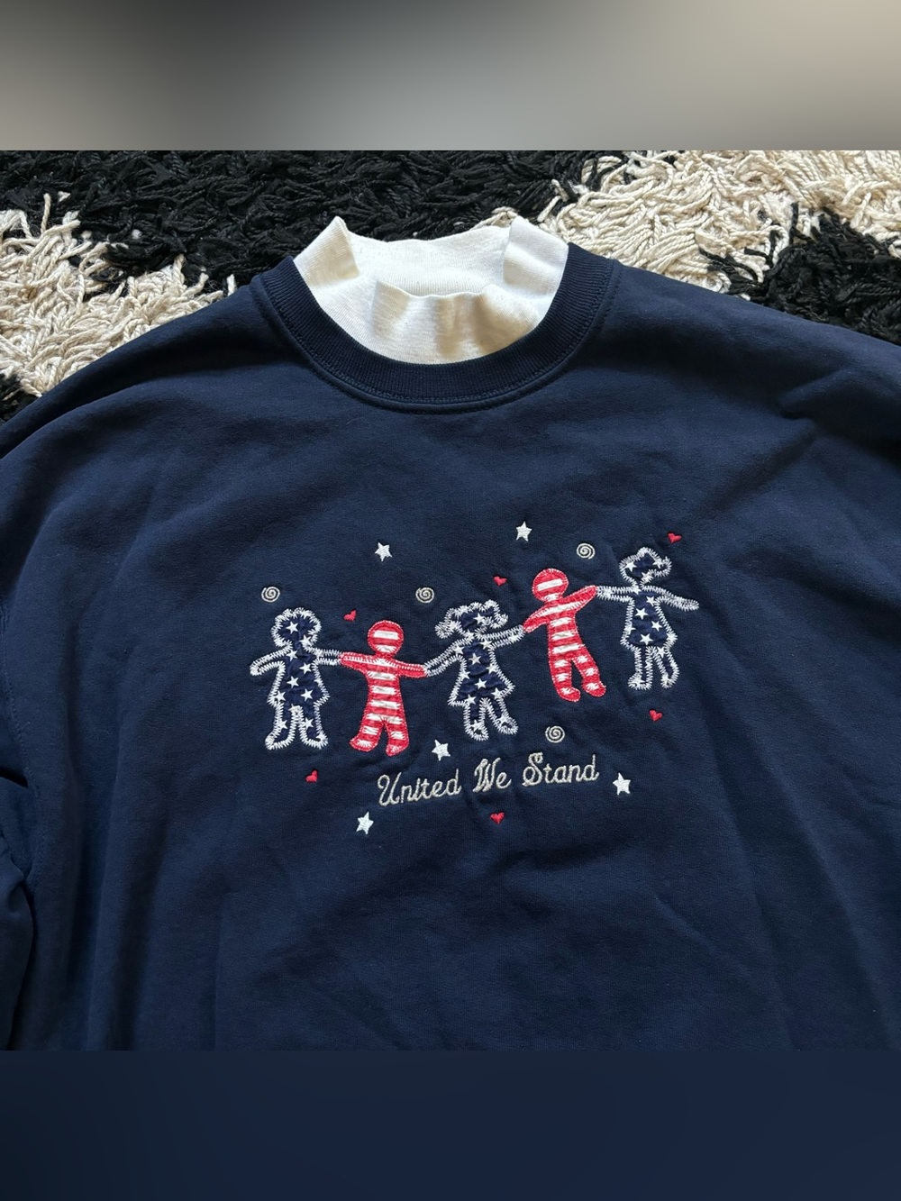 Cottagecore Navy Blue Red White Embroidered United We Stand Sweater